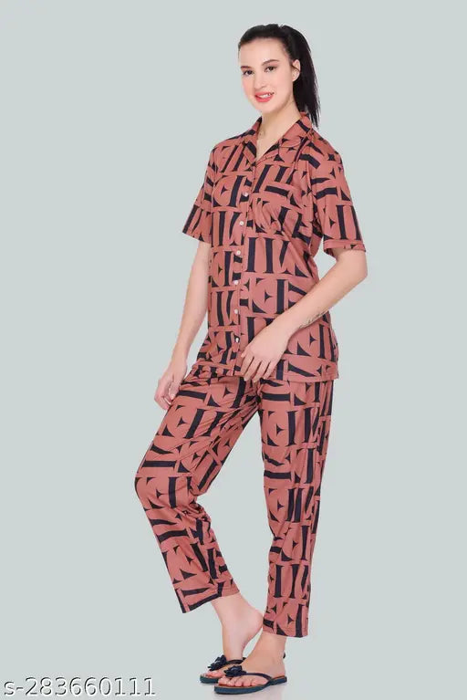 Cotton blend printed co-ord set for women with long shirt and all-over printed pants, oversized two-piece writing top and bottom set