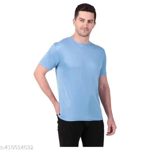 Multicolor polyester men's trendy round neck half sleeve T-shirt pack of 2, featuring solid colors: white, black, lavender, pista, red, airforce, maroon, mehendi, sky blue, mustard. Perfect for daily wear with moisture-wicking properties and breathability. Made in India