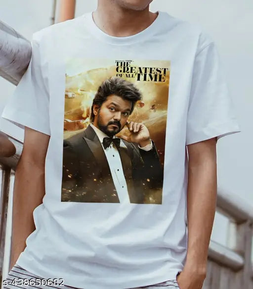 Printed Polycotton T-shirt for men, round neck, half sleeves - Thalapathi Vijay style, S-XL sizes (Indian sizing)