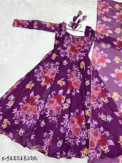 Georgette floral printed heroic party wedding gown with matching dupatta, long sleeves, India origin