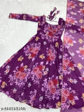 Georgette floral printed heroic party wedding gown with matching dupatta, long sleeves, India origin