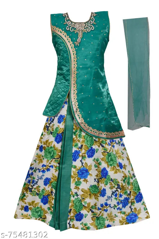 Silk blend ethnic lehenga choli set with net dupatta, floral stitch, sleeveless, for girls parties, India origin