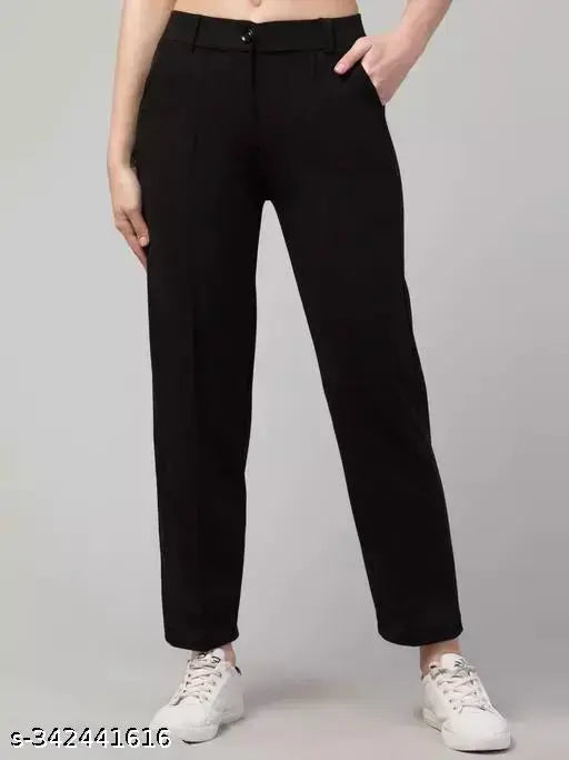 Cotton Lycra Anara Fashion trousers, women's solid-colored pants with two front pockets, high-rise style for casual wear (size 28, 30, 32, 34, 36)