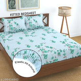 New Sky Blue TARAIN Collection Premium Cotton Elastic King Size Fitted Bedsheets with 2 Pillow Covers, botanical design, 72x78+10 inches, soft & easy-to-wash, ideal for adults, machine washable