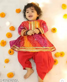 Red cotton blend anarkali top with dhoti pants and bow tie for baby girls (1-2 years), Indian handcrafted design