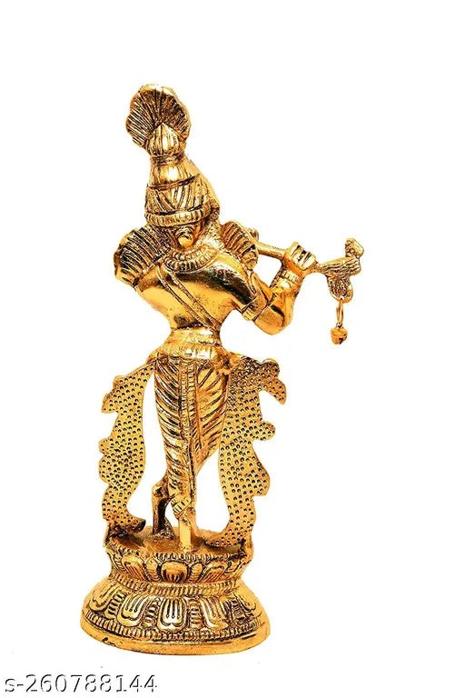 Metal Krishna Idol playing flute, decorative showpiece for home, temple, office - 22cm tall