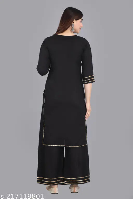 Rayon Solid Gota Work Black Kurti Palazzo Set, 100% soft rayon fabric, long-lasting and non-shrinking, three-quarter sleeves, ideal for Indian ethnic wear