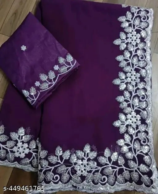 Purple georgette saree with embellished cut work and embroidered broder work