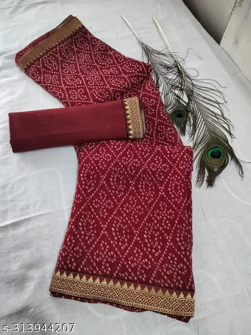 Red cotton bandhani sari, decorative border, with feather decoration