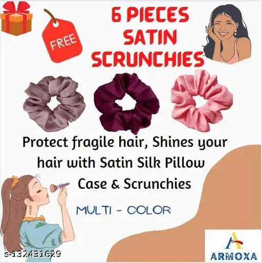 Reversible Armoxa premium satin hair sleeping cap, set of six free scrunchies, coffee and burgundy color, protect hair from damage during sleep
