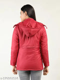 Solid red polyester jacket, long sleeves, XL (38in bust, 27in length), Indian-made winter women's puffer coat