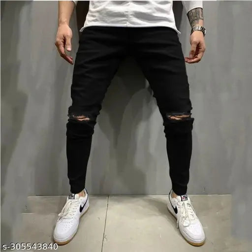 Black stretchable denim distressed slim fit men's jeans, durable and versatile for everyday style