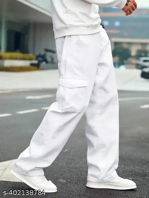 Pure white denim baggy cargo jeans for men, size 28/26in, 34/34in - India-made