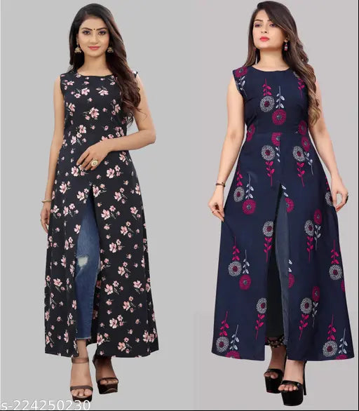 Printed combo A-line kurta, sleeveless, crepe fabric, vibrant floral design. Suitable for functions, parties, office. Apple cut, relaxed fit, suitable for all weather