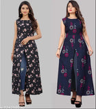 Printed combo A-line kurta, sleeveless, crepe fabric, vibrant floral design. Suitable for functions, parties, office. Apple cut, relaxed fit, suitable for all weather