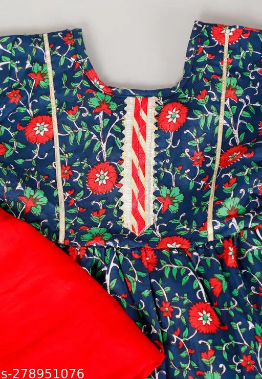 Blue floral printed cotton kurti pajama set with dupatta for baby girls
