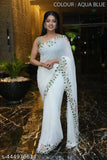 AQUA BLUE sari with floral border, long, silk