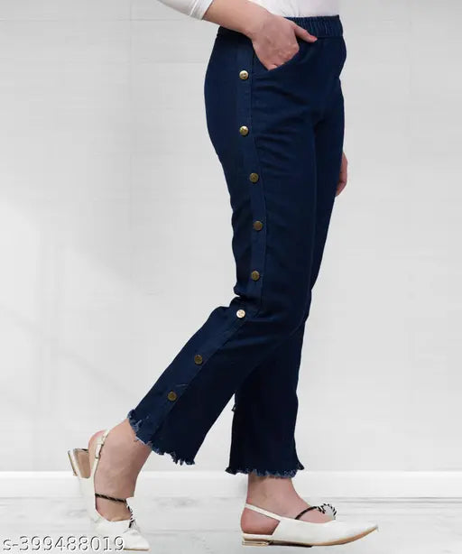 Dark blue stretchable premium side buttoned women's denim jogger jeans with elastic waist and ankle cuff, plus size, high waist, and mid-waist style