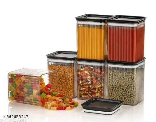 Black air-tight modular kitchen plastic storage containers with lids, available in a set of 12 with 1100ml capacity each