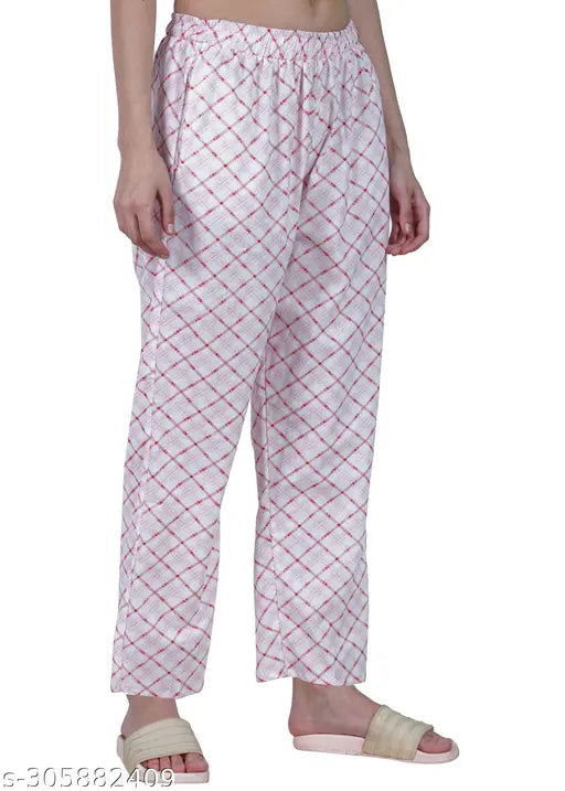 Pink and white checkered print cotton pajamas. Ladies' casual style lower pyjama track pants