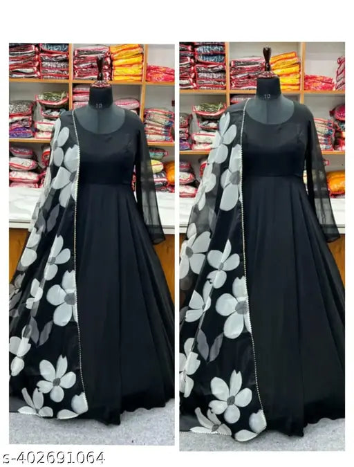 Black Georgette Kurti with Dupatta, featuring a heavy flower printed design, long sleeves, and stylized neckline. Made from soft Georgette fabric with full lining. Includes an organza dupatta. Perfect for parties, weddings, or festive occasions. Available in sizes S-XXL (52 inch length). Indian origin