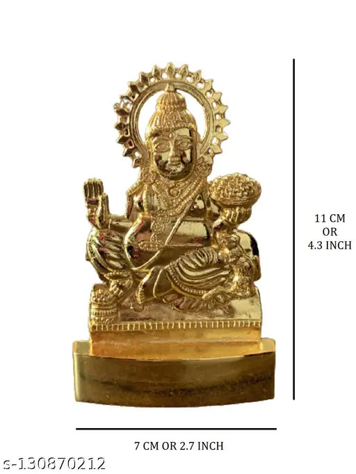 Gold-plated brass Lord Lakshmi Kuber statue, Indian spiritual showpiece for car dashboard or Pooja Ghar, ideal for gifting. Dimensions: 7cm x 11cm