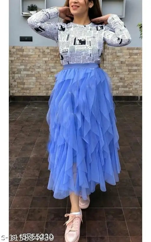 Fancy net Western skirt for women, trendy solid design, available in sizes 24-32, India origin