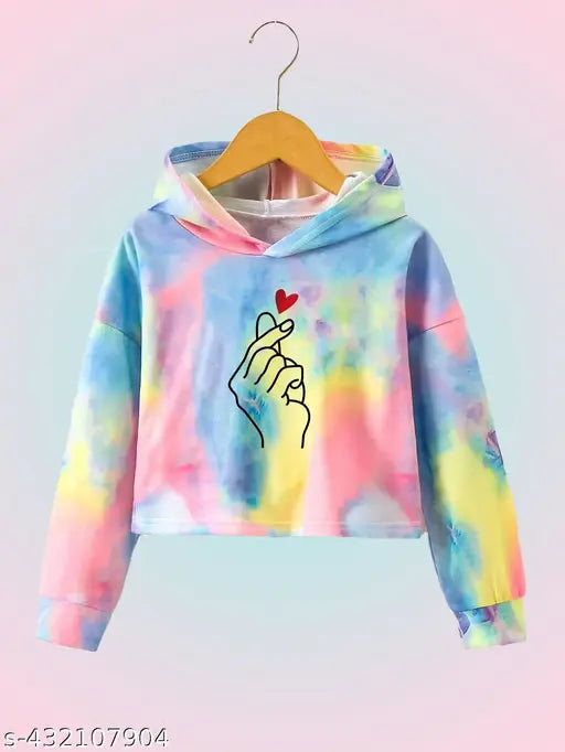 Printed cotton blend crop hoodie with long sleeves, western design for girls aged 4-16 years, dyed/washed pattern