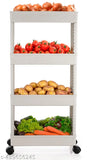 This is an image of a four-layer trolley. It has a white frame and is loaded with various vegetables such as potatoes, carrots, broccoli, and apples. The trolley appears to be made from a plastic material