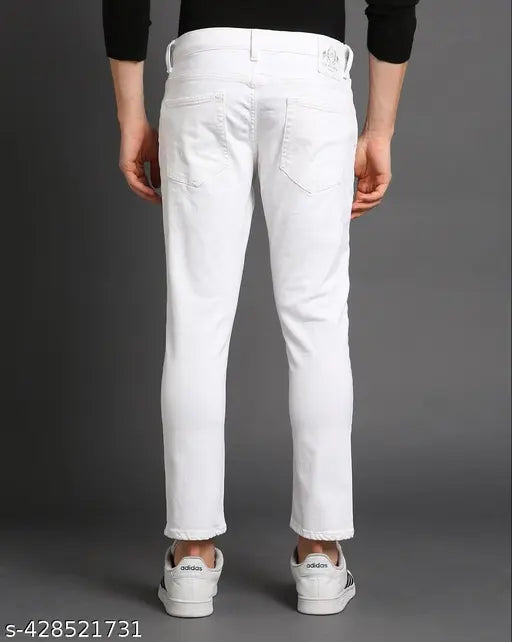 Denim white jeans, stylish and comfortable fit for men & boys by Markview. Solid pattern, slim fit, mid-rise, and versatile for casual or partywear. Available sizes: 26, 28, 30, 32 (waist 26in/30in/32in, length 39in, hip 30in/32in/34in/36in). Made in India