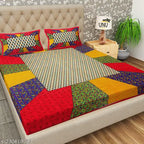 Ethnic motif 100 cotton couple bed sheet, regular quality with 4 pillow covers, ideal for adult summer use. Made in India