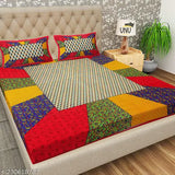 100 Cotton Double Bed Sheet with 2 Pillow Cover, colorful geometric pattern, red, yellow, blue.