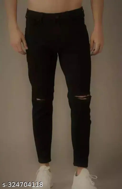 Black denim MOD MEN knee-slit jeans, solid pattern, size 28/30/32 for women. Made in India