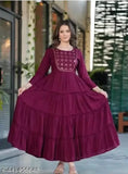 Rayon embroidered gown, single color with golden embroidery, women's size S-3XXL, long flared dress, Indian origin