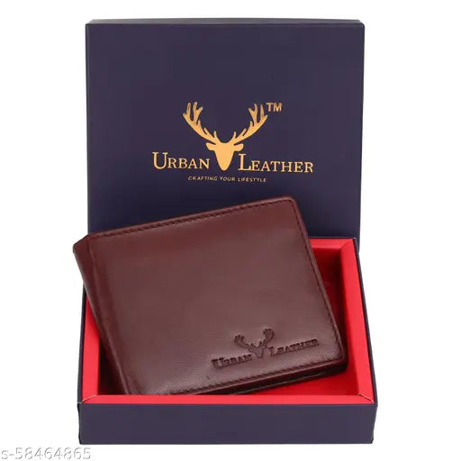 Solid brown urban leather bi-fold wallet with RFID protection, 5 compartments including currency and coin pocket, slim design for easy pocket use