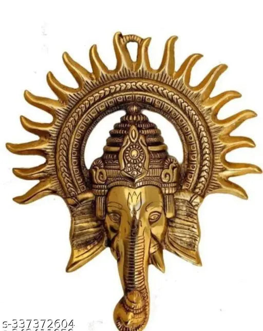 Golden aluminum Ganesha wall hanging, intricate Indian decorative showpiece - 28 cm