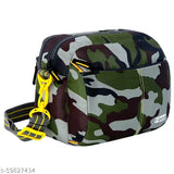 Camouflage padded cross-body bag, black and yellow adjustable strap, multiple pockets