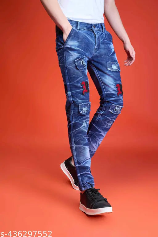 Men's solid cotton blend funky jeans, comfortable fit for everyday life. Casual wear with front and back pockets, available in sizes 28, 30, 32, 34 (28: Waist 28in, Length 41in, Hip 32in; 30: Waist 32in, Length 41in, Hip 36in; 32: Waist 30in, Length 41in, Hip 34in; 34: Waist 34in, Length 41in, Hip 38in), made in India