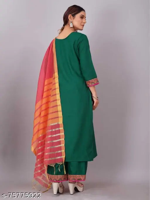 Green pure cotton Kurta and Palazzo set with three-quarter sleeves, solid net pattern on display