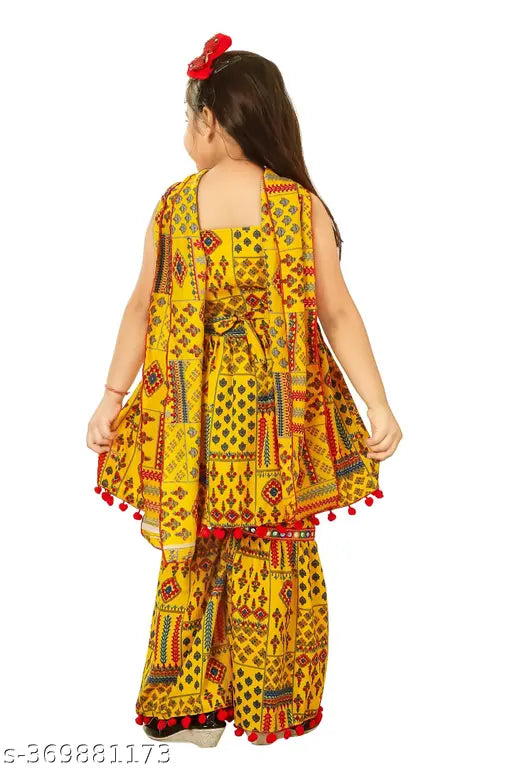 Cotton blend girls kurti and palazzo set - A-line, embellished, comfortable kids wear