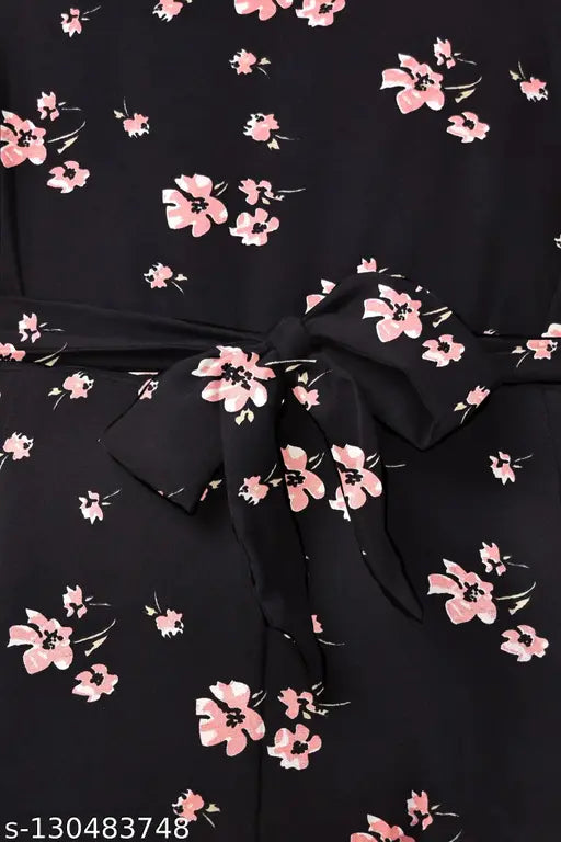 Printed knee-length poly crepe jumpsuit by Hainah, women's fashion-focused summer wear with side pockets, tie-up belt, and western style fit