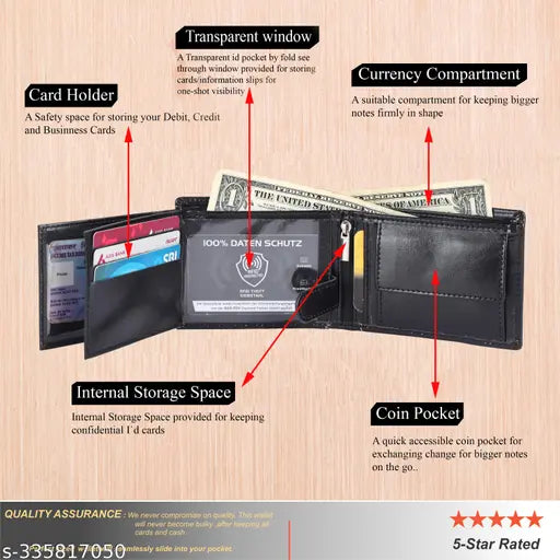 BrownBlackBlue Faux Leather Men's Two-Fold Wallet with 11 card slots, 2 currency compartments, and hidden pockets. RFID protected, high-quality artificial leather, made in India