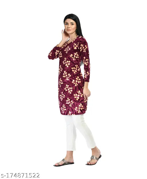Women's maroon velvet digital print long kurta