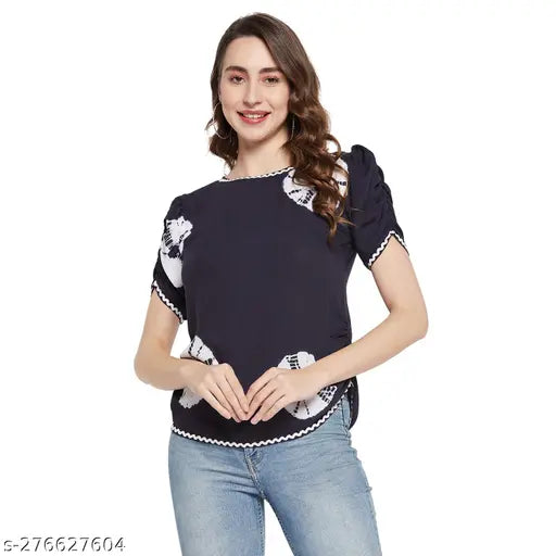 Tie-dye rayon women's tunic tops, short sleeves, puff sleeves & lace detailing - unique pattern, perfect for summer wear, India origin