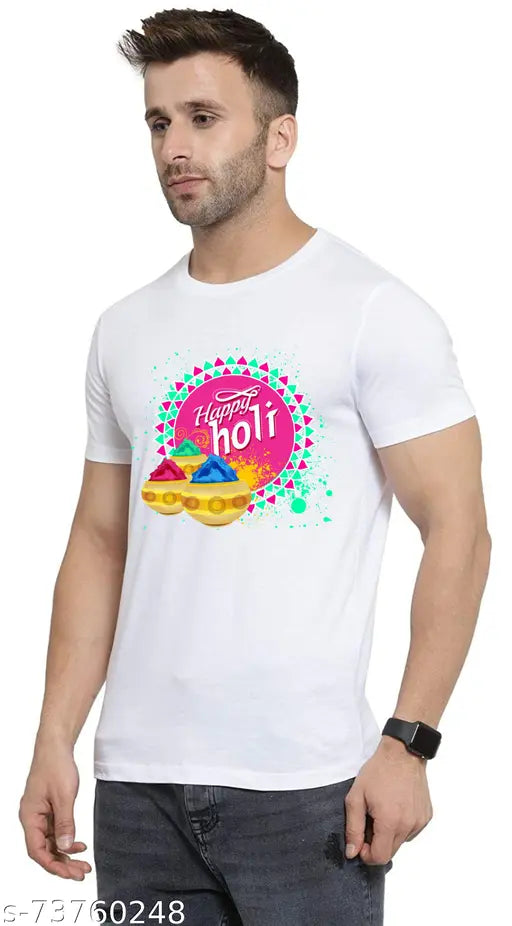 Holi Special printed t-shirt for men, polyester, short sleeves, Indian festival design