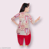 Cotton blend printed anarkali dhoti kurta with chunni set for children partywear, Indian ethnic style salwar suit for 3-11 years