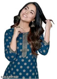 Rayon three-quarter sleeve blouse HEENA BULE 22, printed combo on model, Indian ethnic wear for women M-XXL