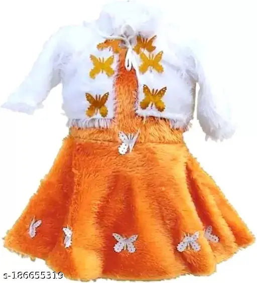 Woolen girls' fur frock dress (3-6M to 1-2Y), solid pattern, Indian origin
