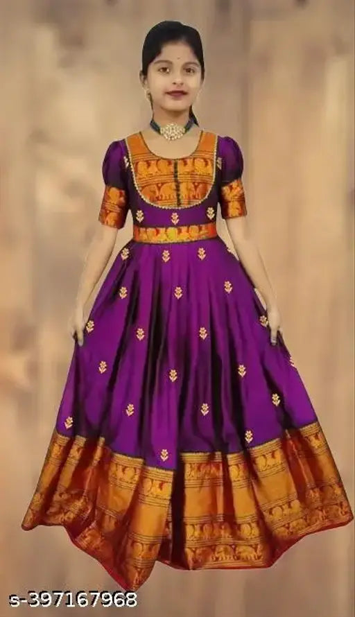 Silk kids long frock ready-made saree, embroidered net with lace detailing, India origin, classic design with modern flair