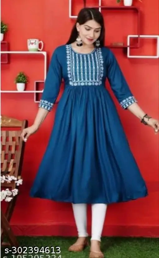 Embroidered rayon anarkali kurti for women, wine color with three-quarter sleeves, Indian handcrafted embroidery